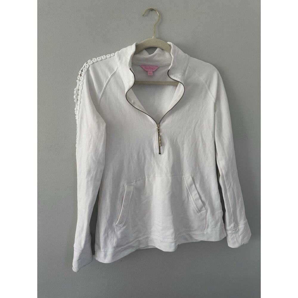 Lilly Pulitzer Skipper Popover Pullover Sweatshirt S 1/2 Zip White Crochet Lace